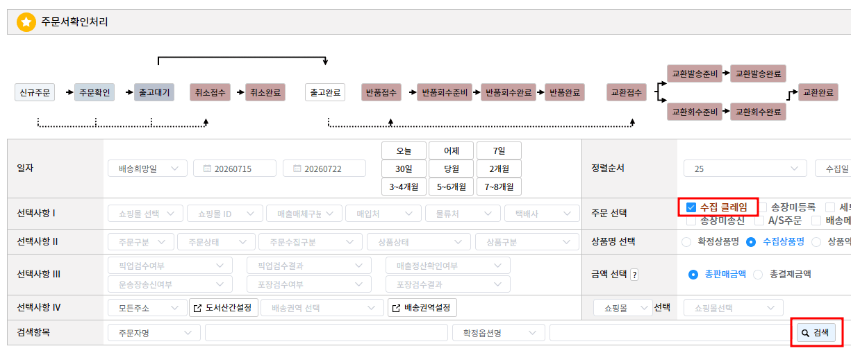 사방넷 주문서확인처리 화면에서 수집 클레임과 검색 버튼이 강조된 화면